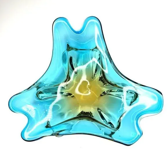 Mid-Century Murano Style Blue Amber Sommerso Art Glass Bowl Ashtray Centerpiece - Picture 5 of 7